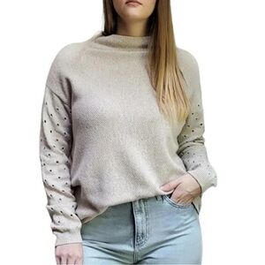 Anthropologie Moth Cashmere Blend Mock Neck Perforated Sleeve Sweater in Oatmeal